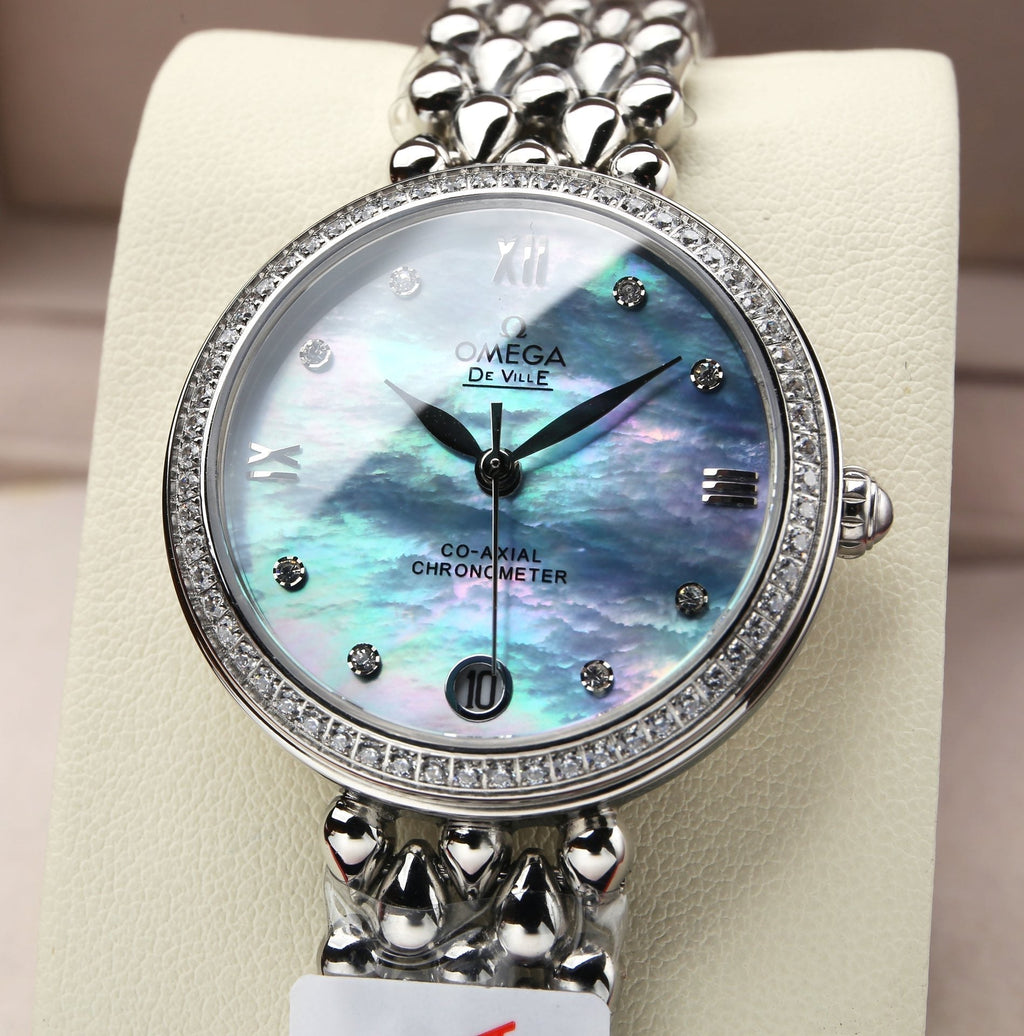 DEVILLE PRESTIGE 32MM STEEL DIAMOND BEZEL BLUE MOP DIAL